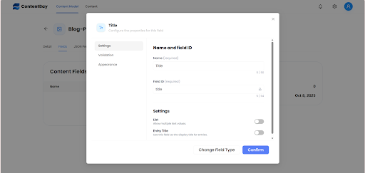 ContentBay Content Model Field Configuration Overlay