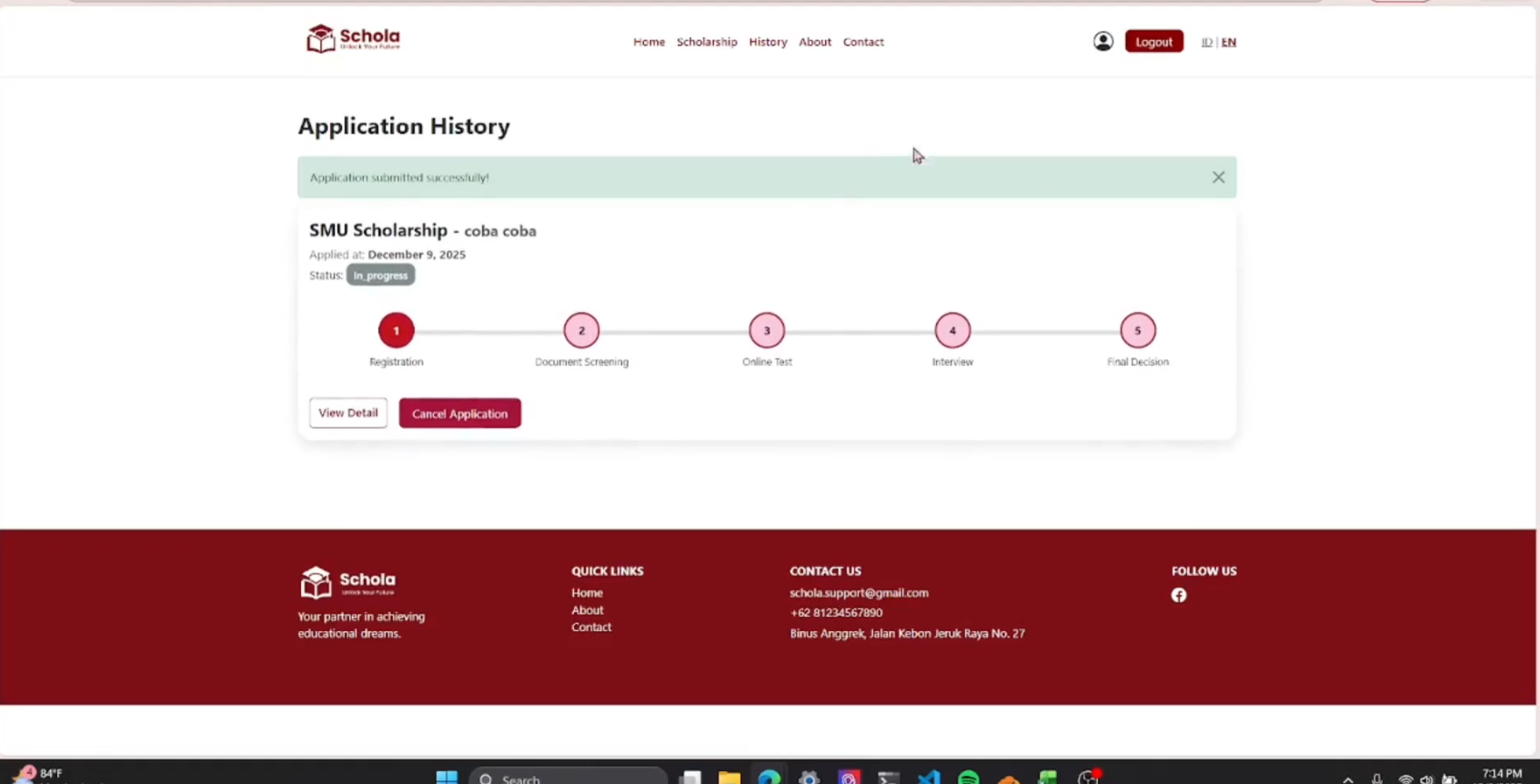 Application tracking history